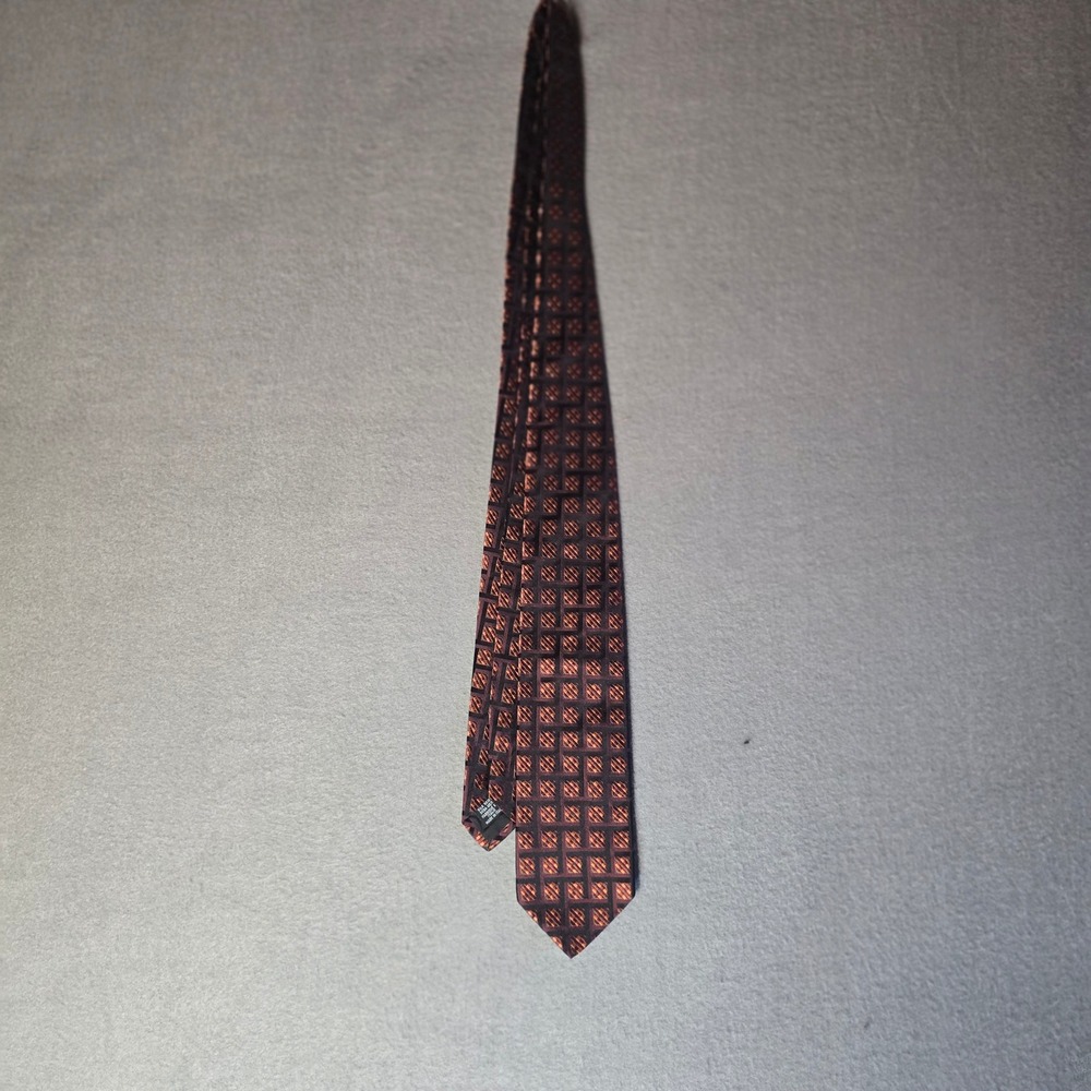 Hugo Boss Mens Silk Tie Geometric Lattice Pattern Burgundy Gold Made in Italy